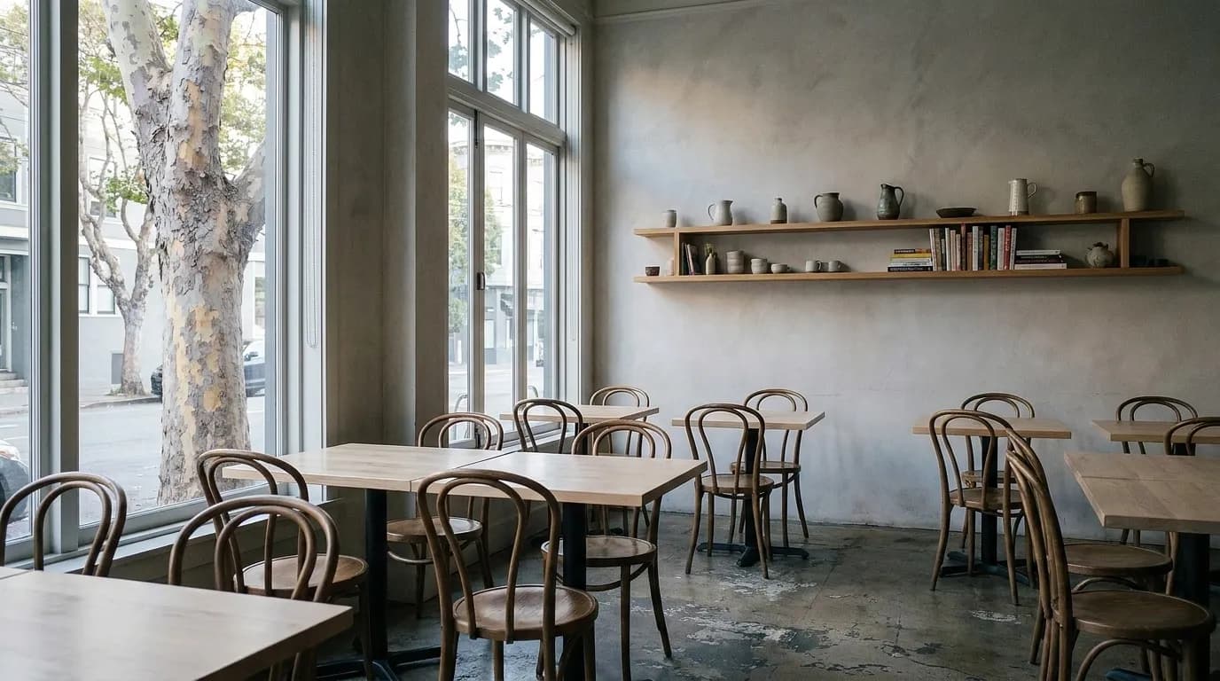 A modern restaurant dining room with wooden tables
