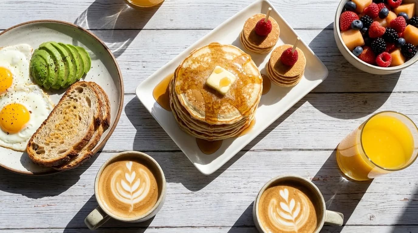 A brunch spread with eggs, toast and pancakes on a pale table