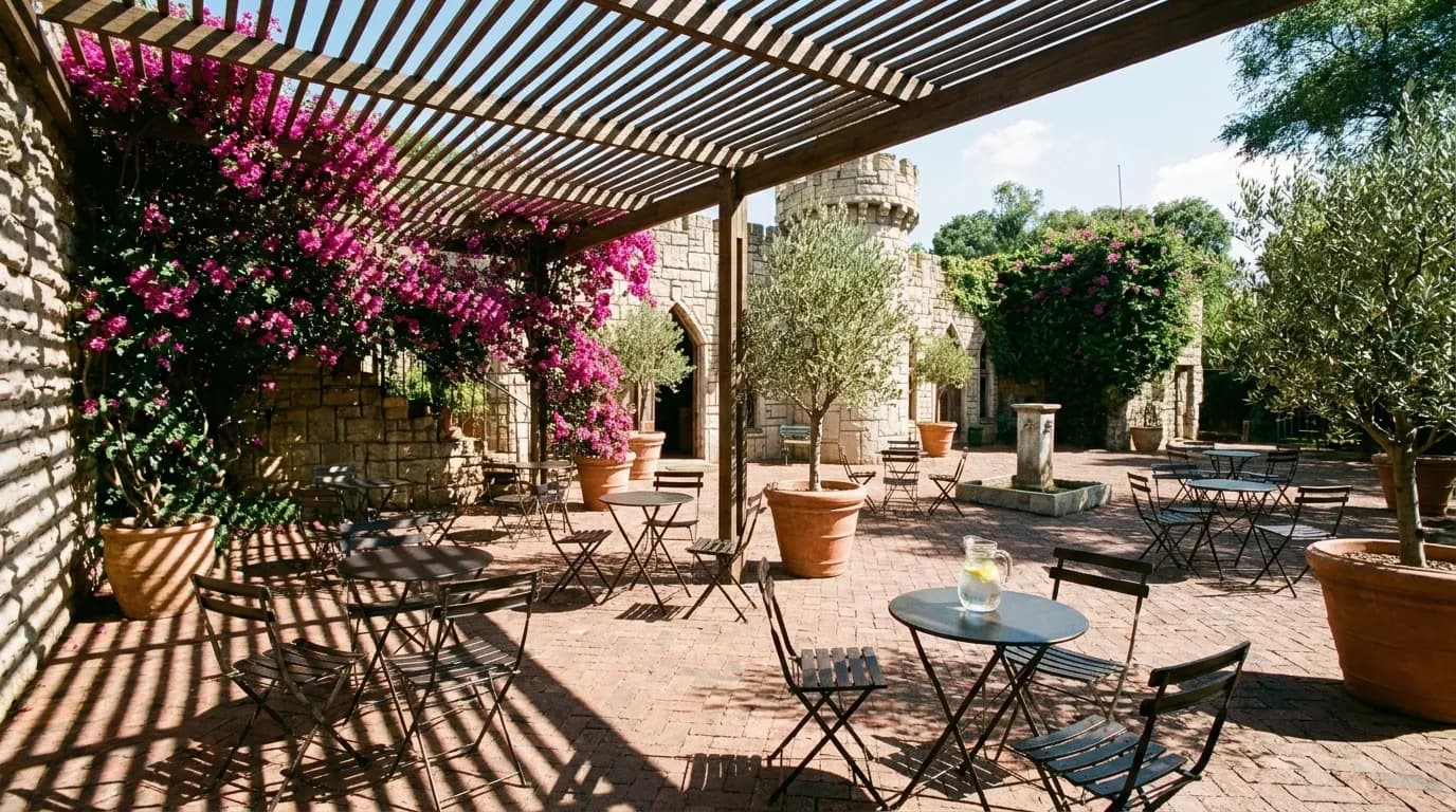 A Los Angeles restaurant patio under a slatted pergola