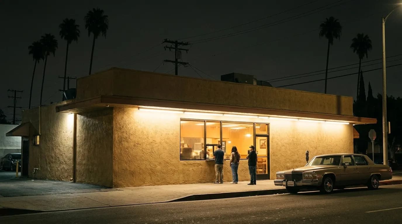 A Los Angeles restaurant exterior at night with a queue outside