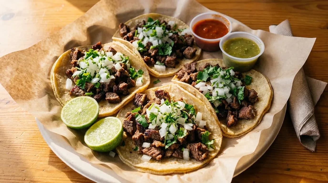 Tacos on a paper-lined plate with lime and salsa