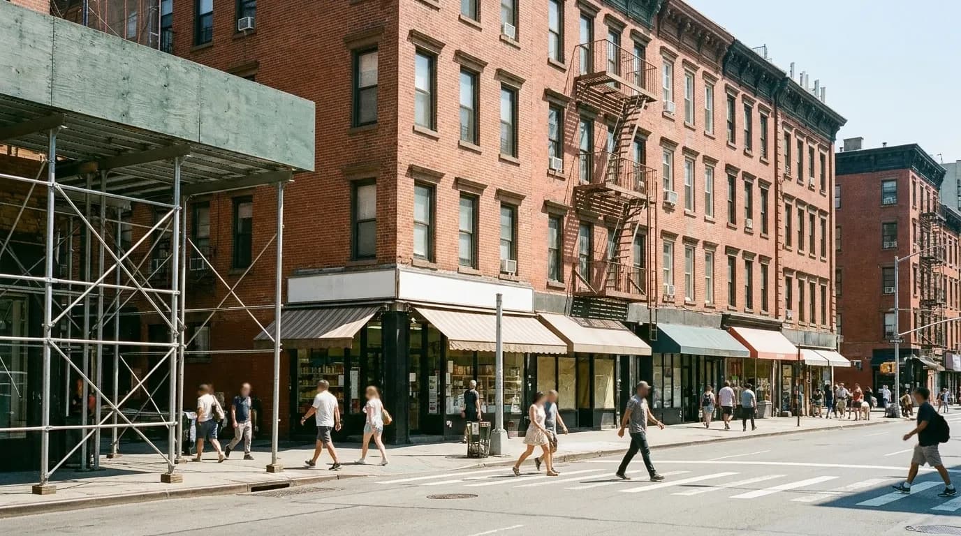 A New York street with shops at ground level in daylight
