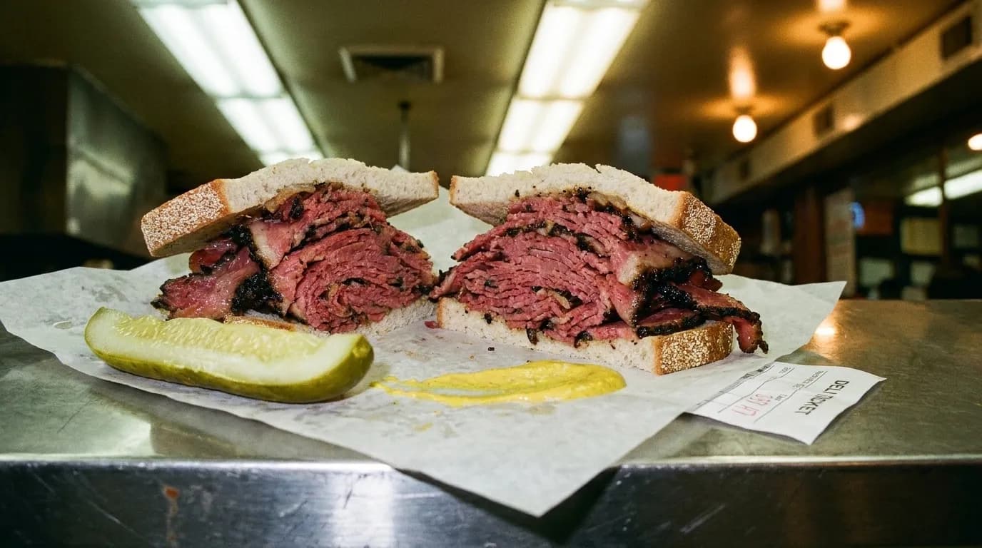 A pastrami sandwich cut in half on waxed paper