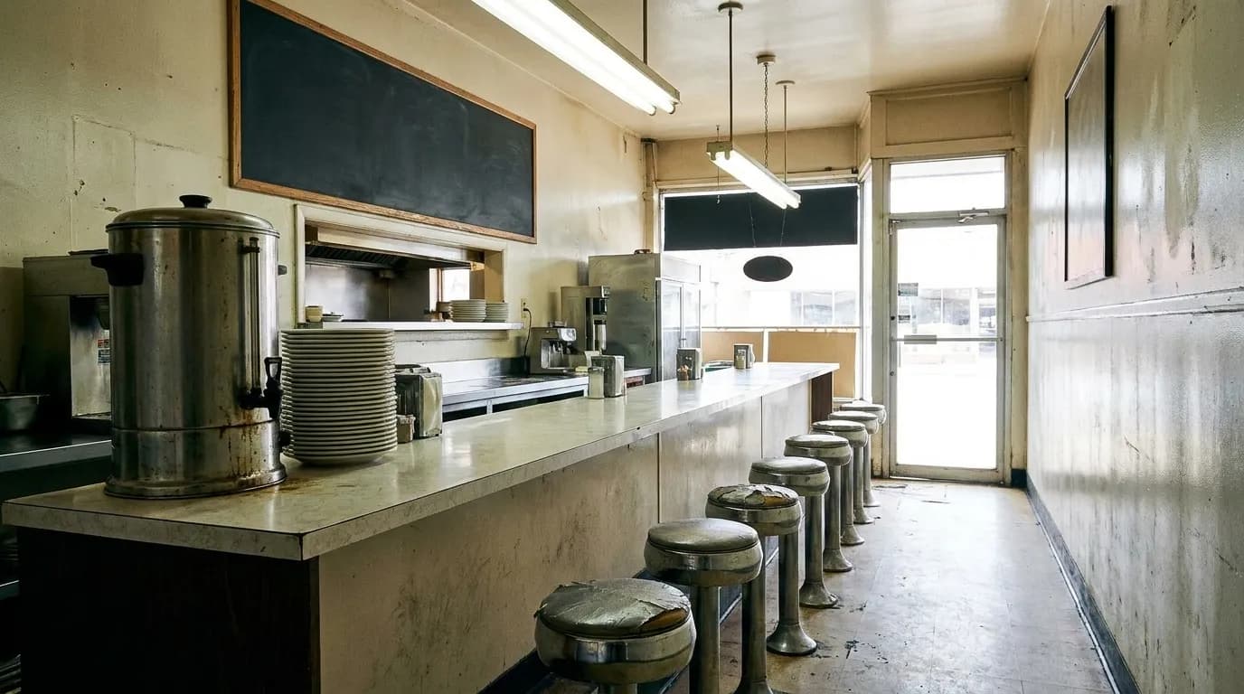 A narrow lunch counter with chrome stools and a service pass