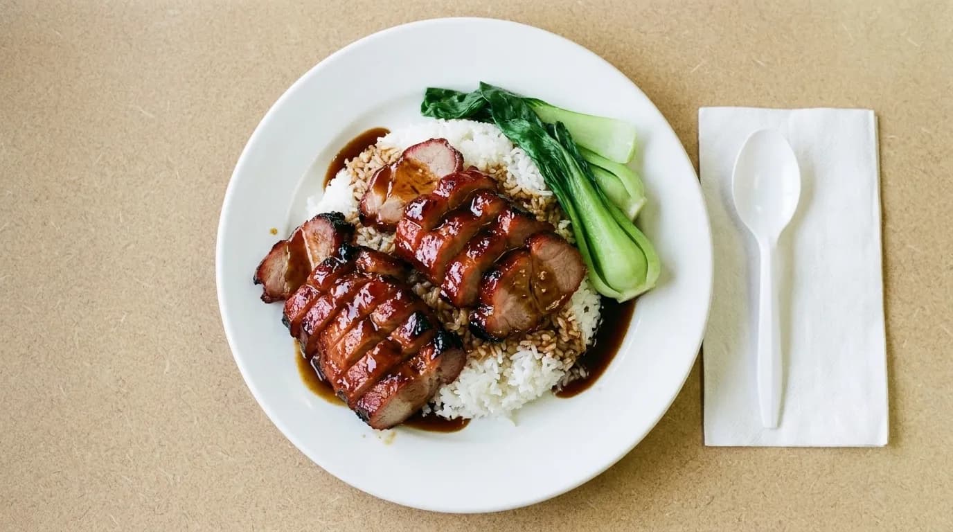 A plate of roast pork over rice with greens