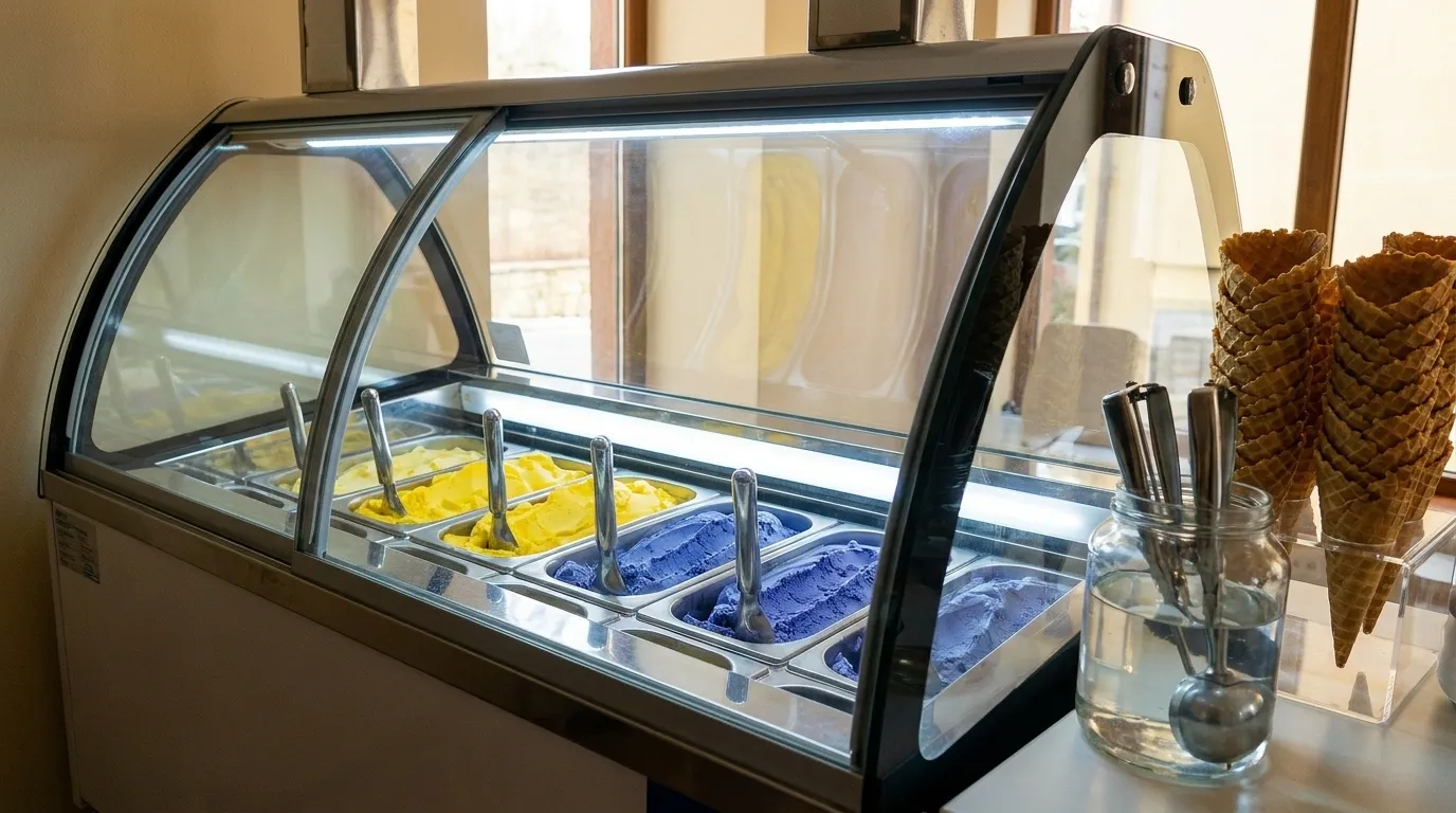 An ice cream counter with tubs behind curved glass