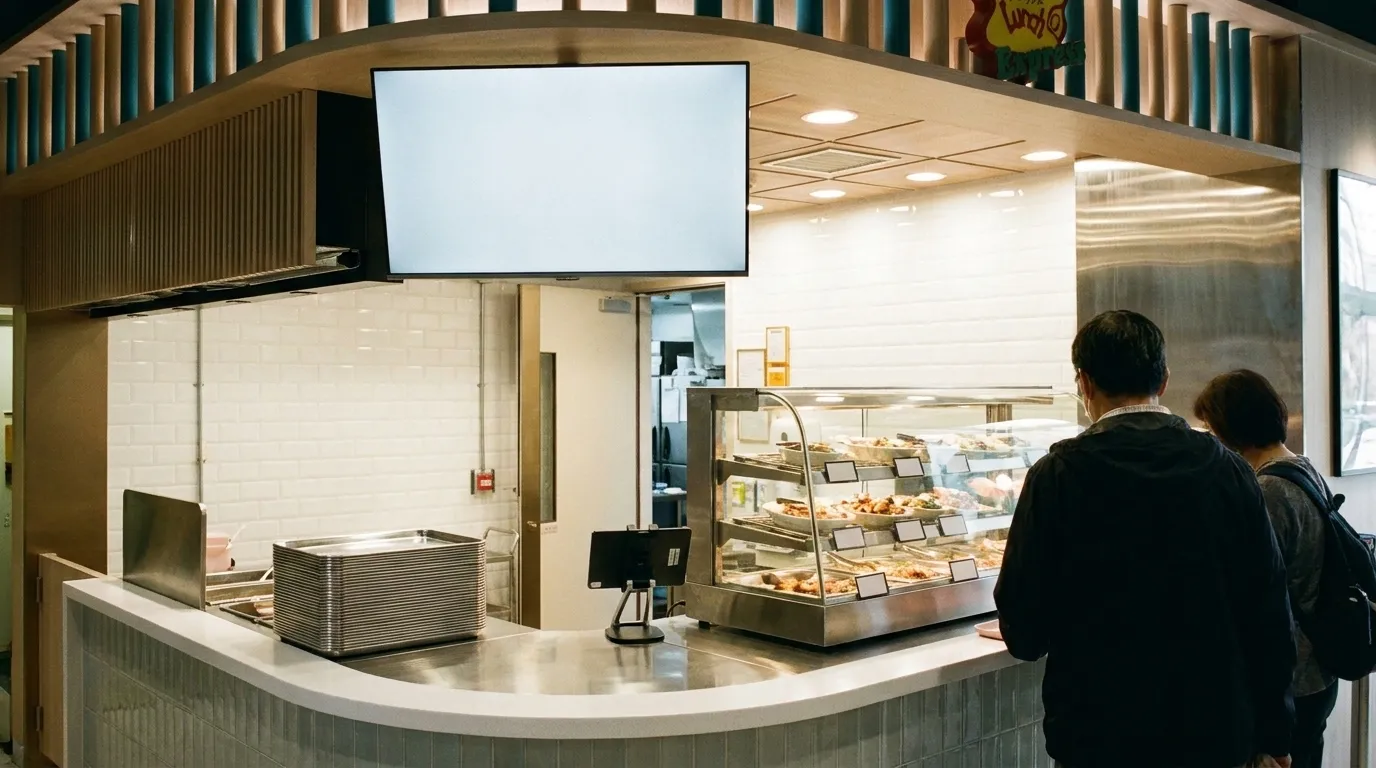 A takeaway lunch counter with trays and a hot case