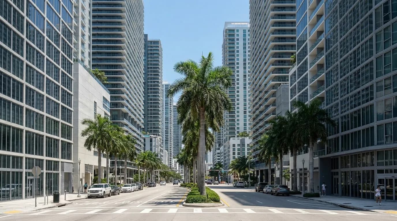 Brickell towers seen from street level at midday