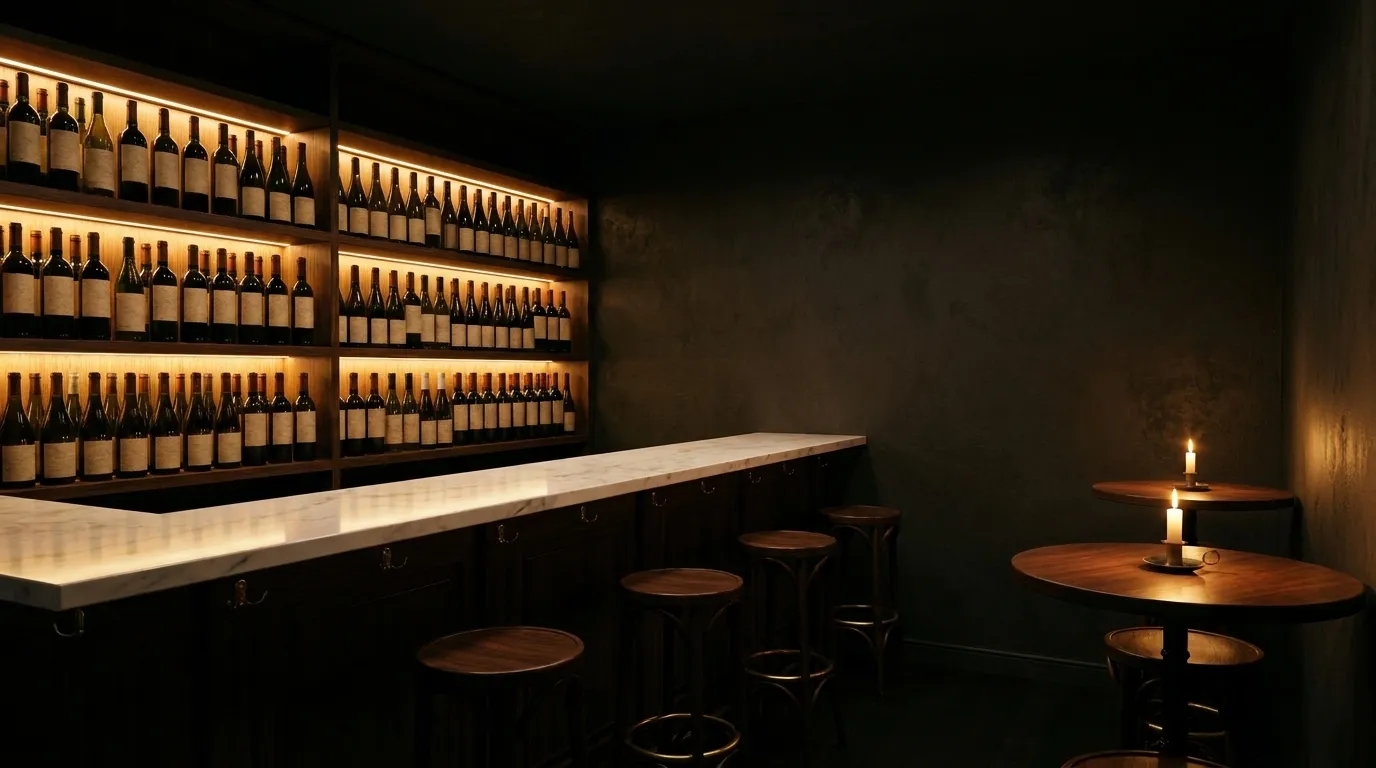 A small wine bar interior with a marble counter and low light