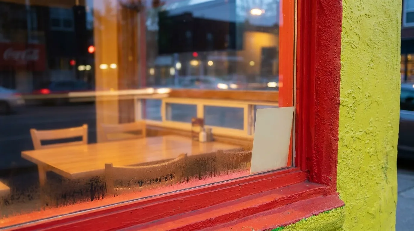 A restaurant window at night with warm light and a reflection of the street