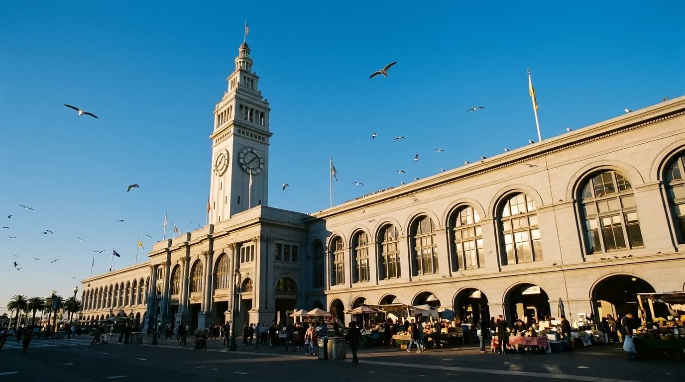 A waterfront market building with a clock tower in afternoon light