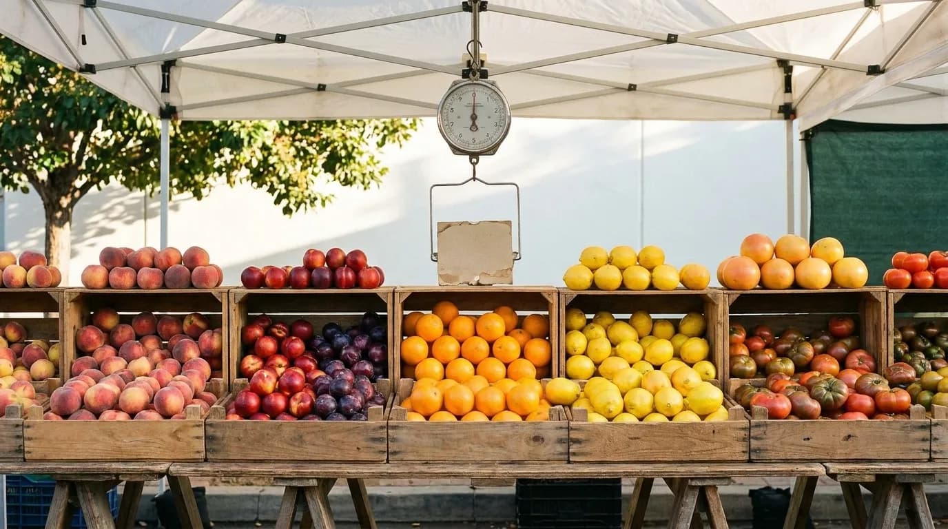 A farmers market stall with crates of fruit and vegetables