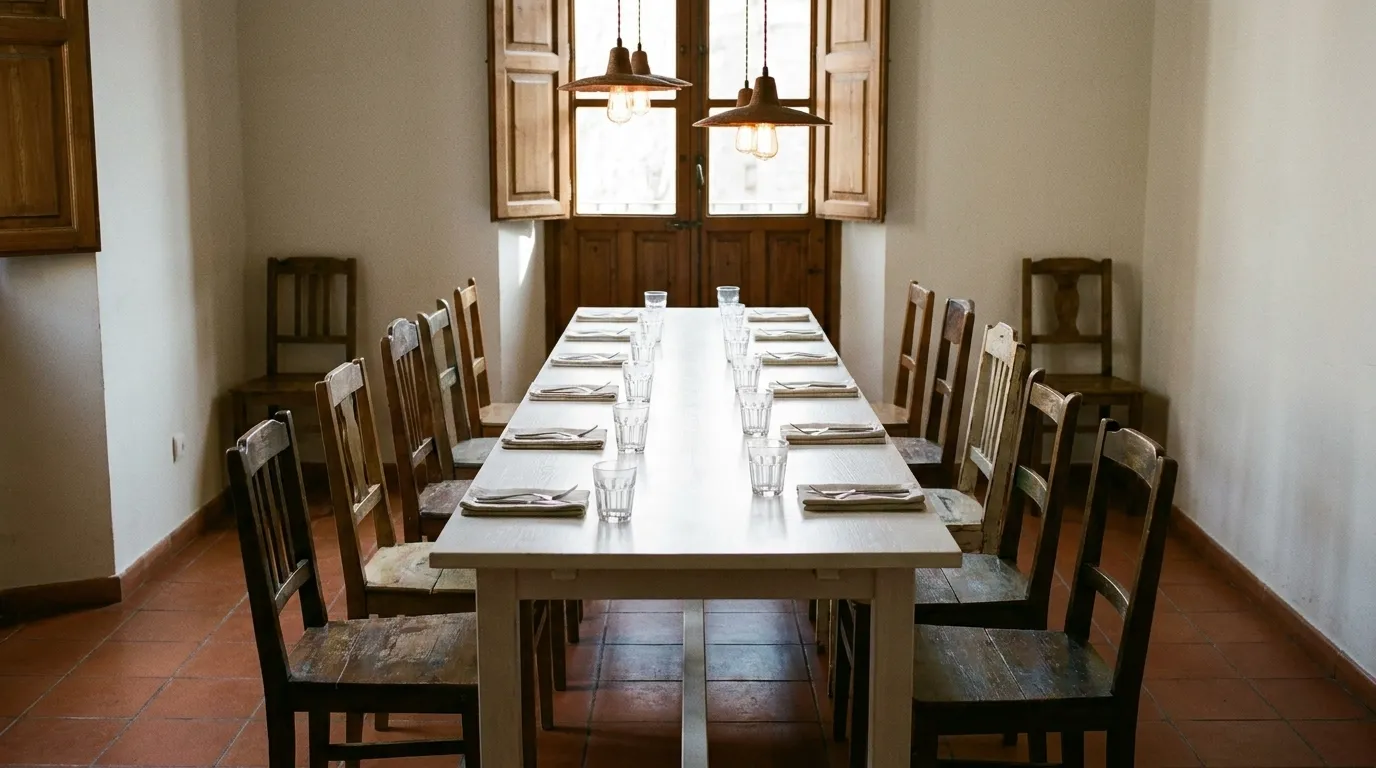 A long communal table set in a restaurant before service