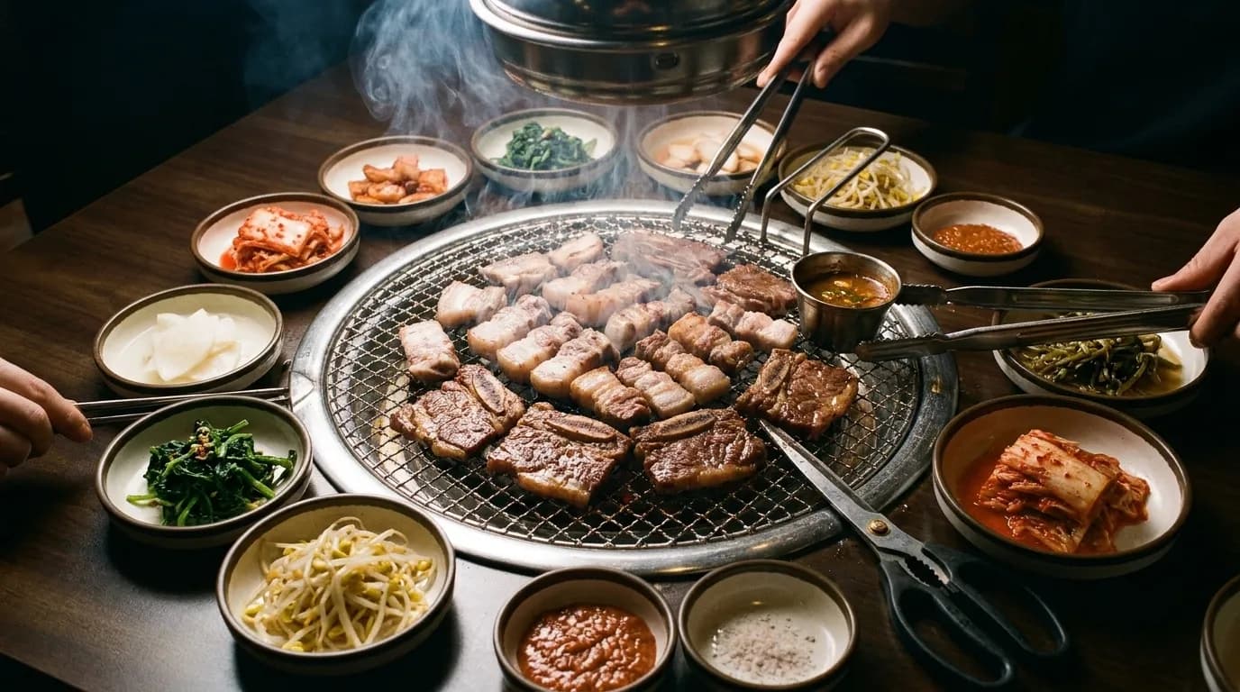 A Korean barbecue table with meat cooking and side dishes