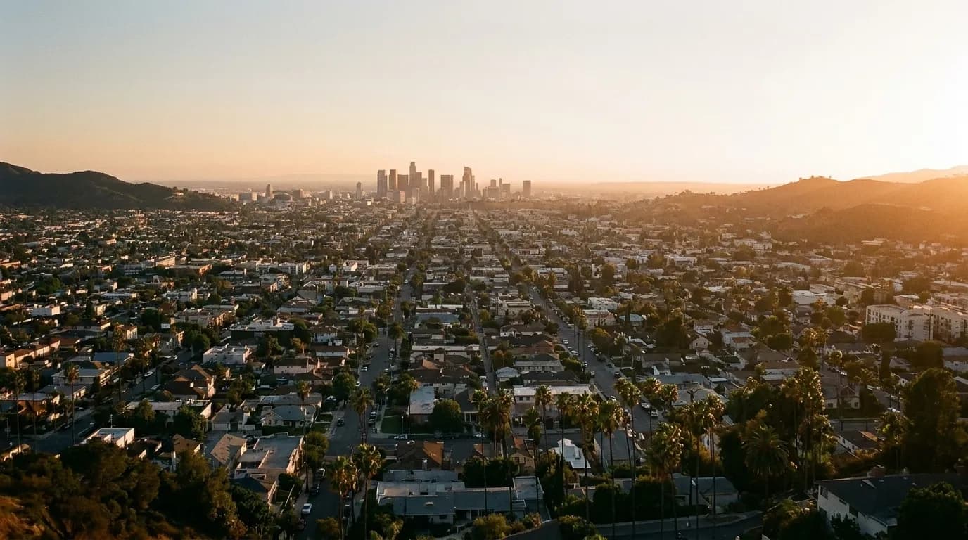 A view across the Los Angeles basin with residential streets and hills