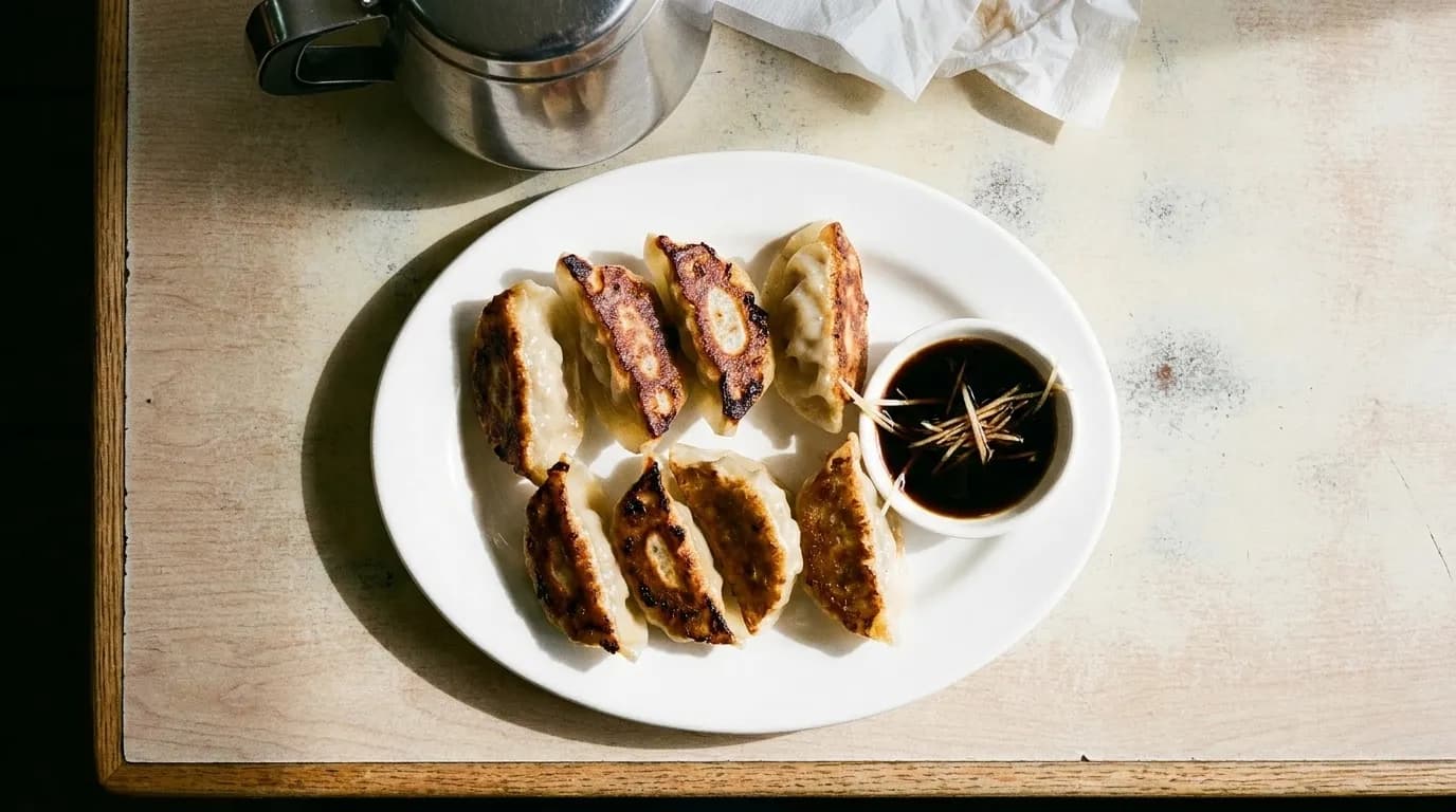 A plate of dumplings at a Chinese restaurant
