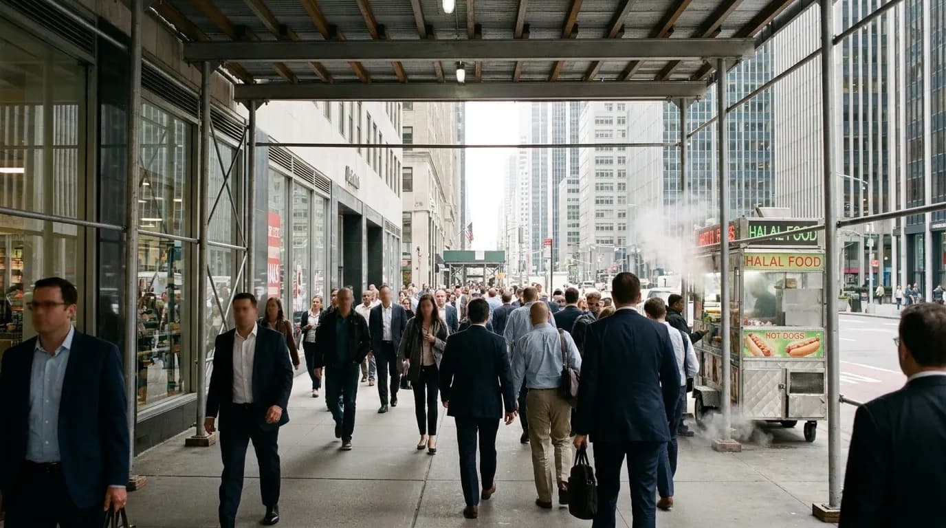 A Midtown Manhattan pavement crowded with people at midday