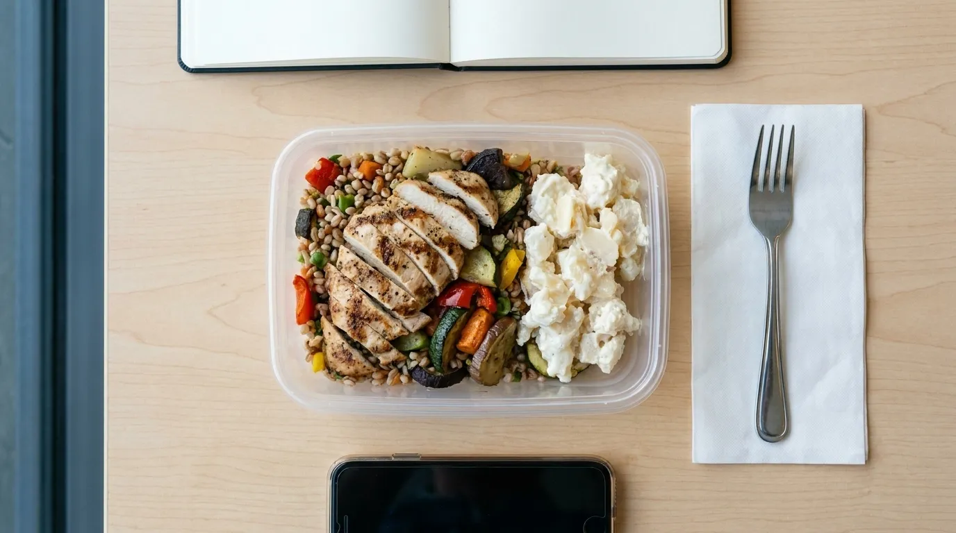 A lunch container and a salad on a desk