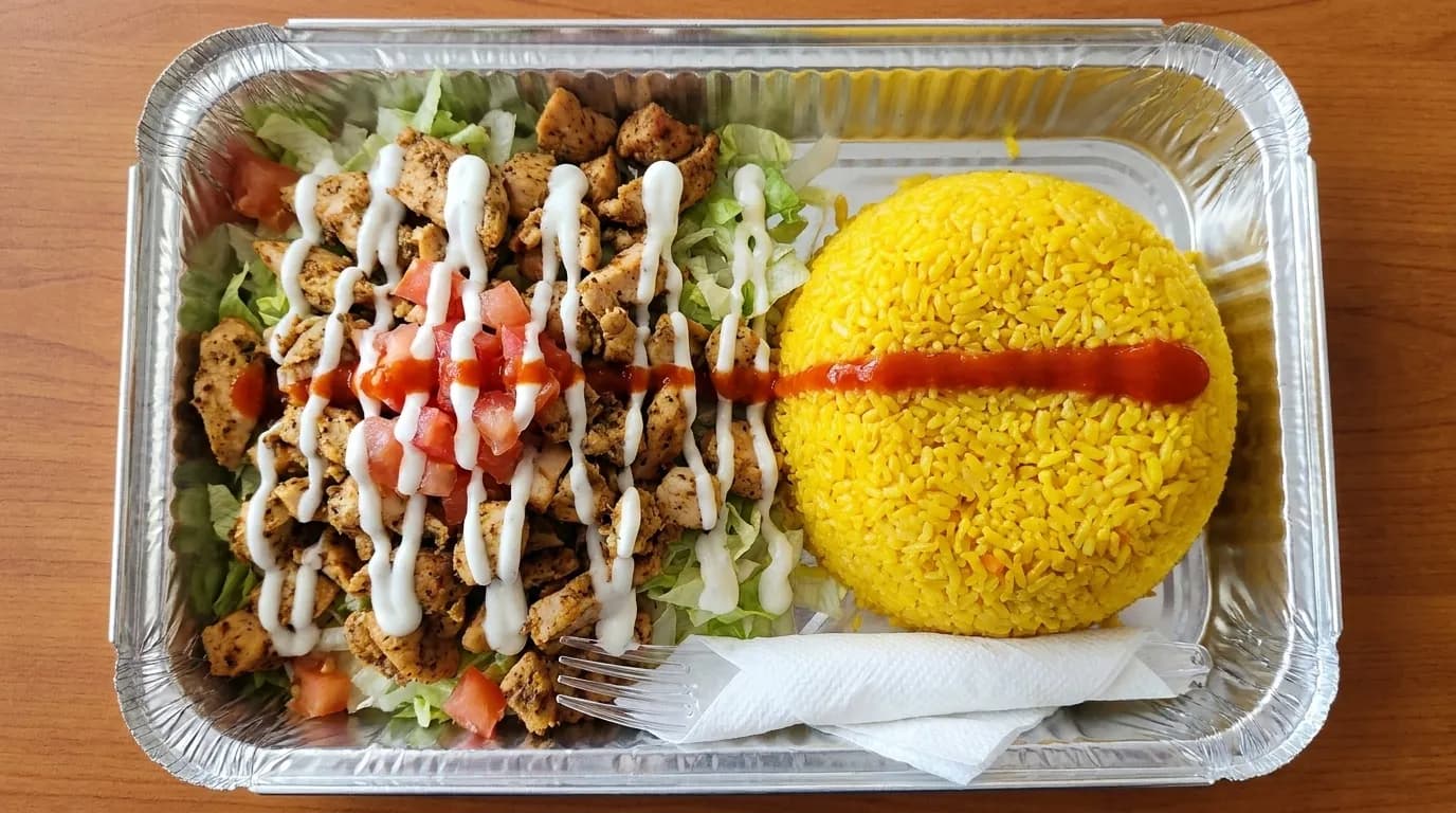 A platter of chicken over rice with salad and sauce