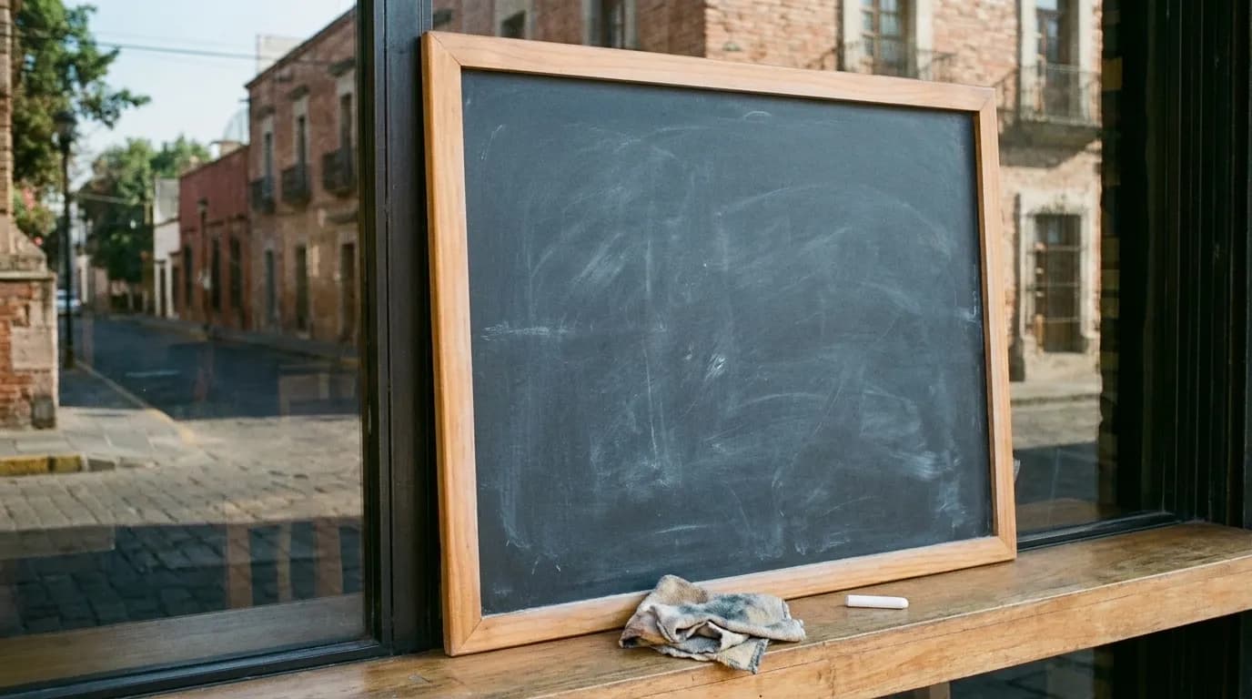 A chalkboard menu propped in a restaurant window
