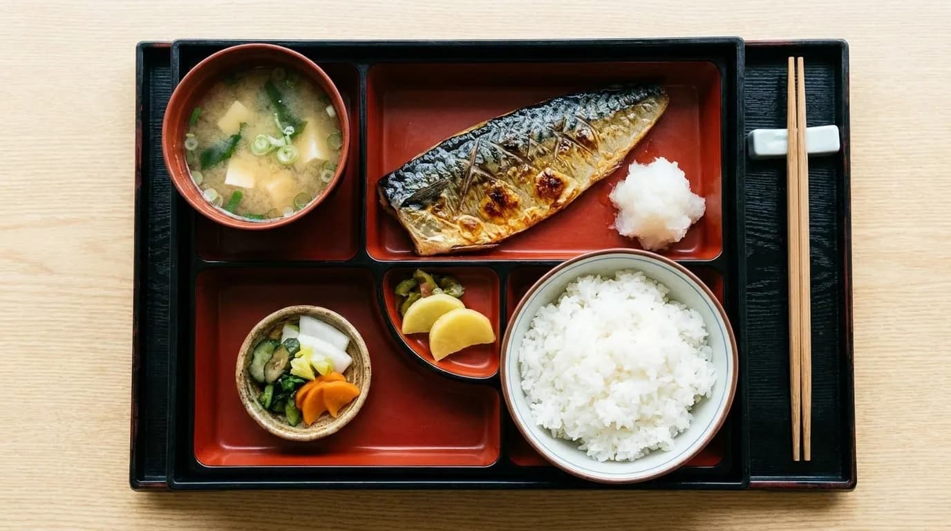 A Japanese lunch set on a lacquered tray