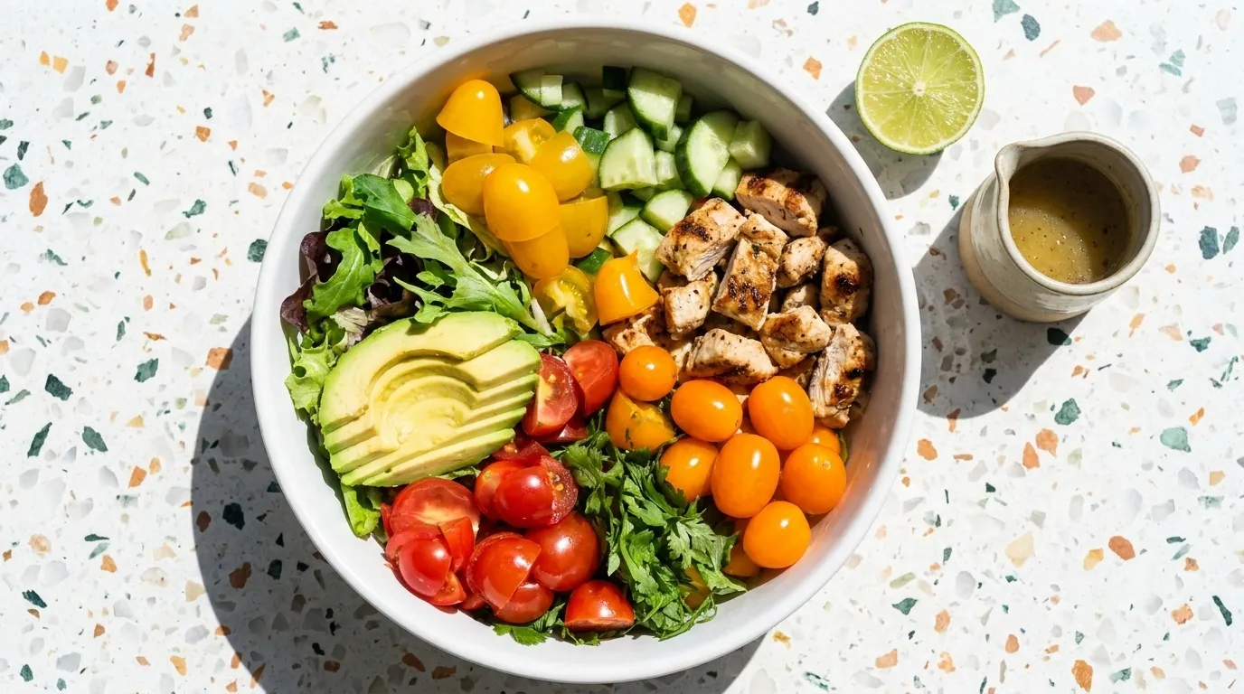 A fresh green salad in a bowl on a bright table