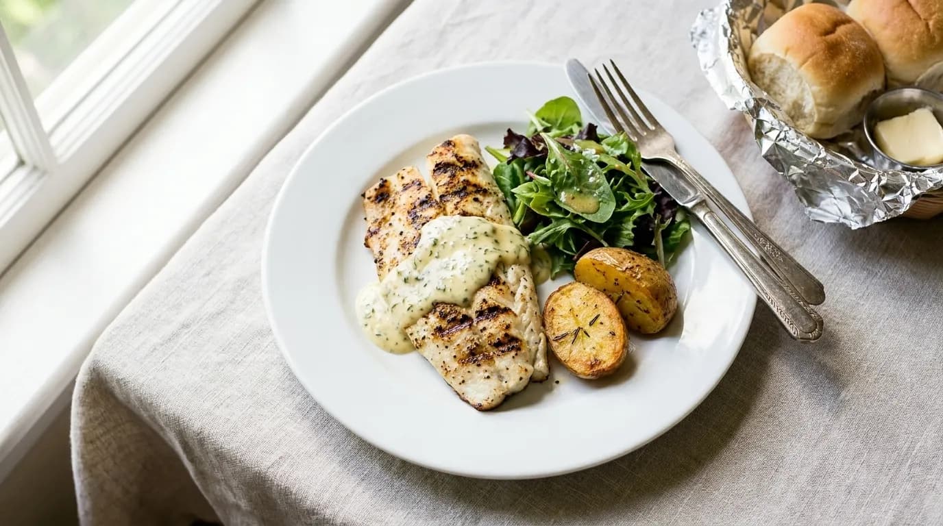 A plated main course at a restaurant lunch