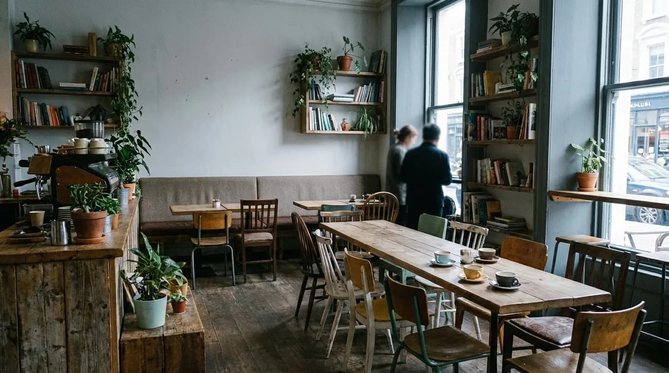 A cafe interior with a long communal table and laptops