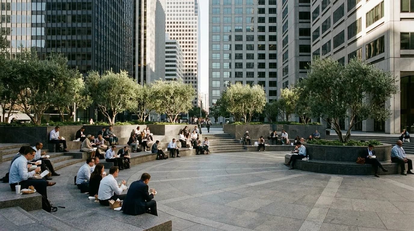 A San Francisco office district plaza with people at midday