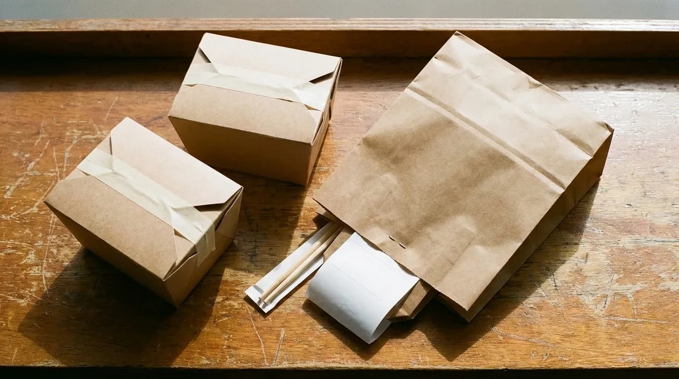 Takeaway containers and a paper bag on a counter