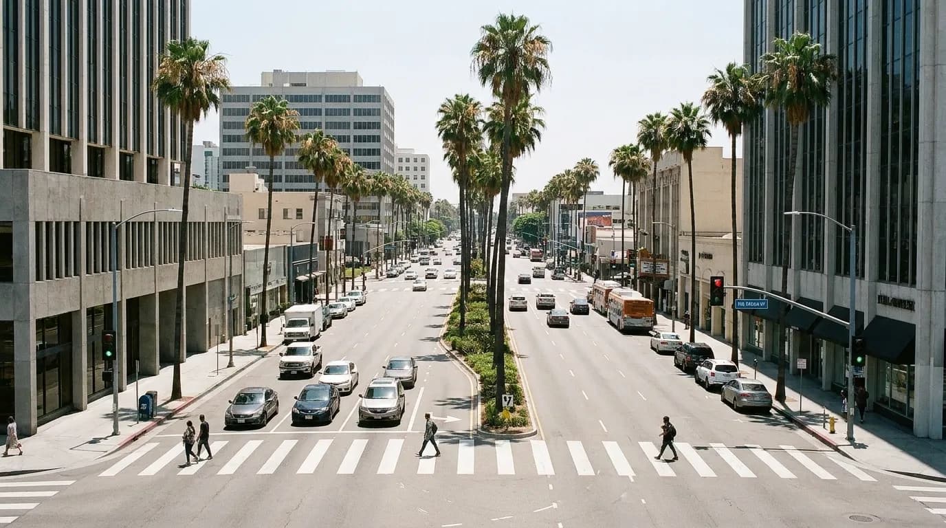 A Los Angeles boulevard with mid-rise buildings in daylight