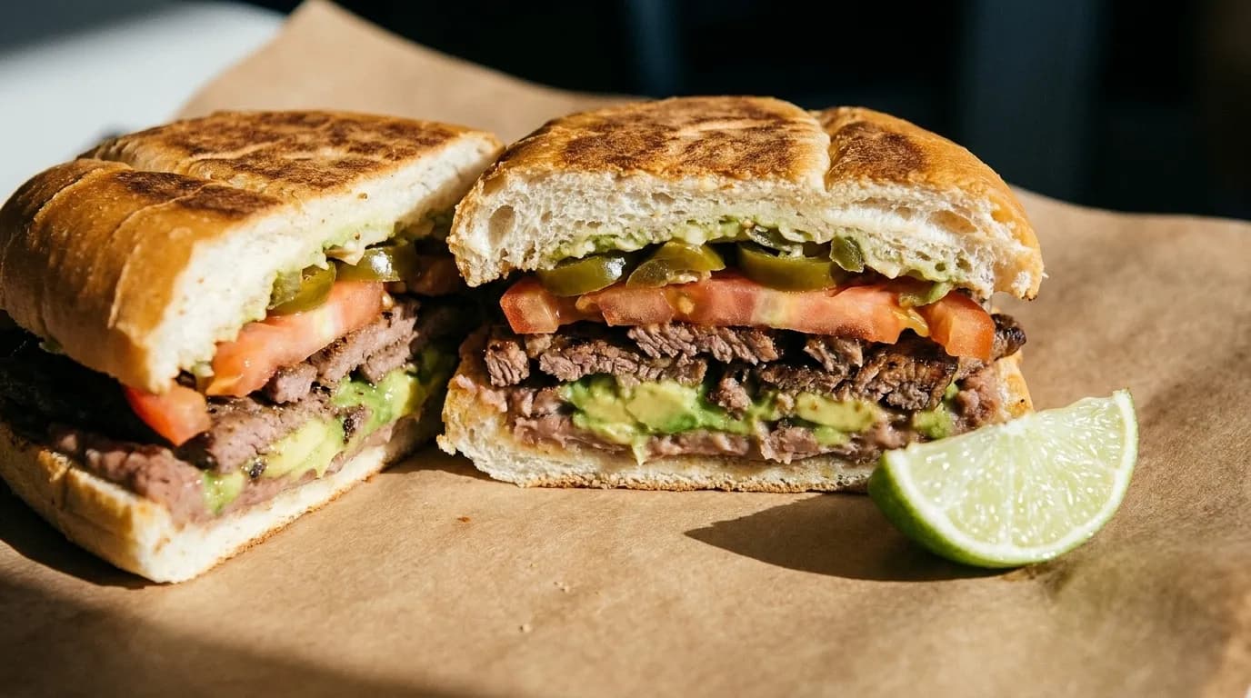 A torta sandwich cut in half on a plate