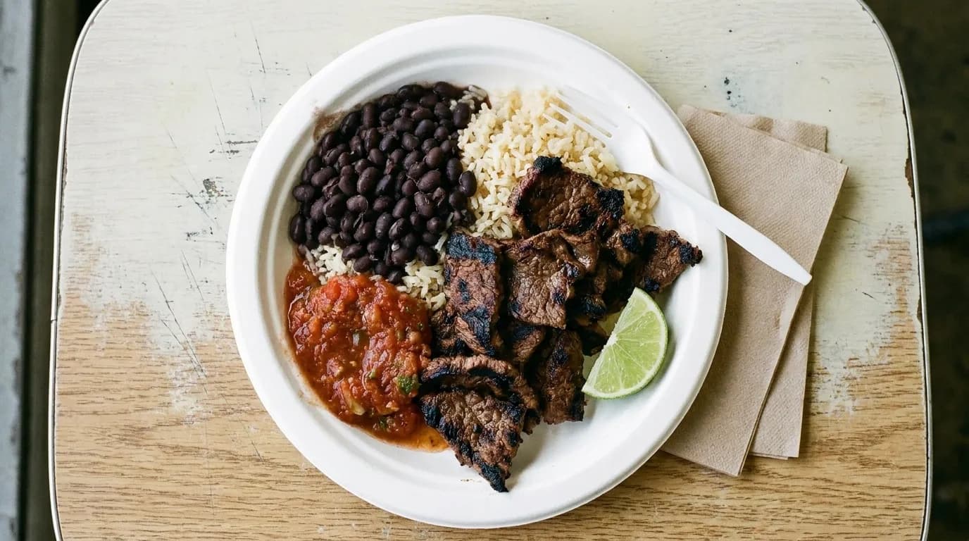 A plate lunch with rice, beans and grilled meat