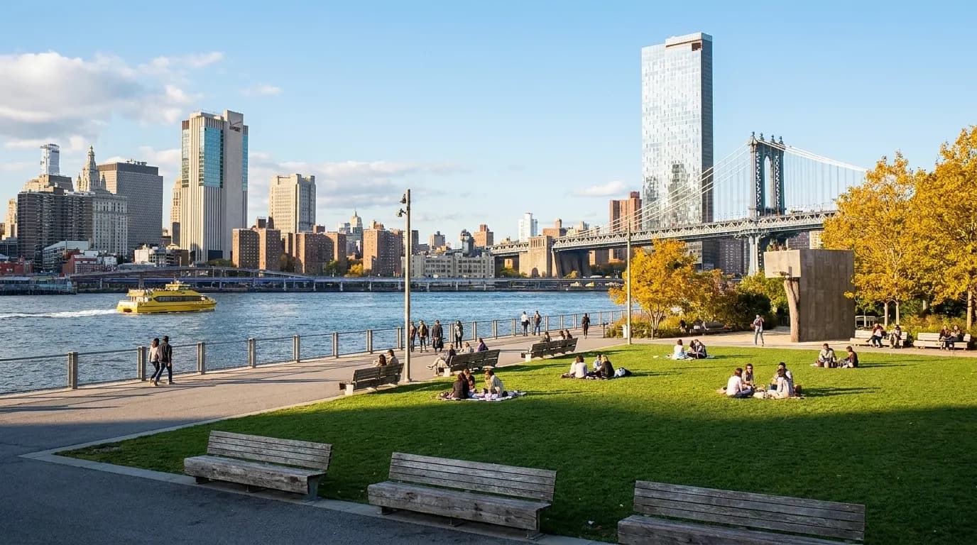 A New York waterfront park with the skyline behind it