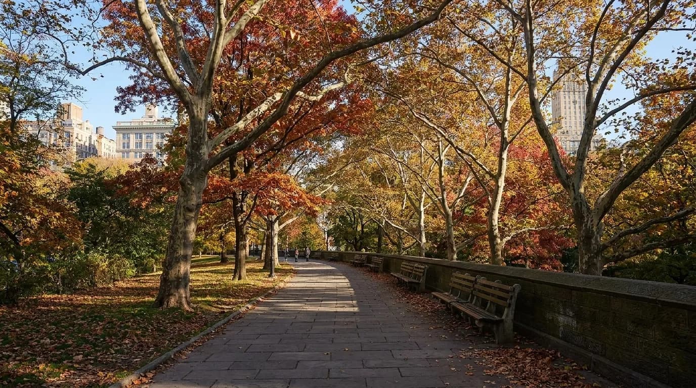 A path through a New York park with trees on both sides