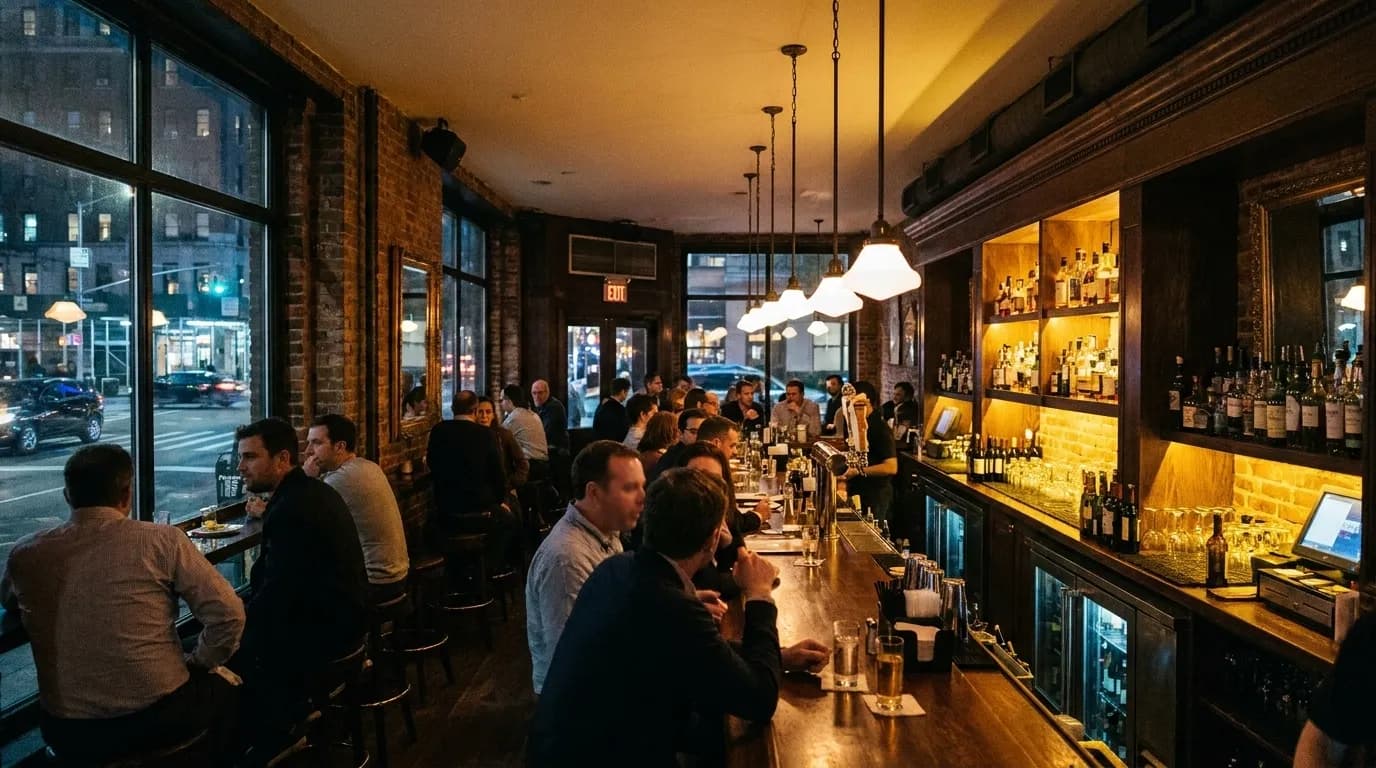A New York bar interior in the evening with people at the counter