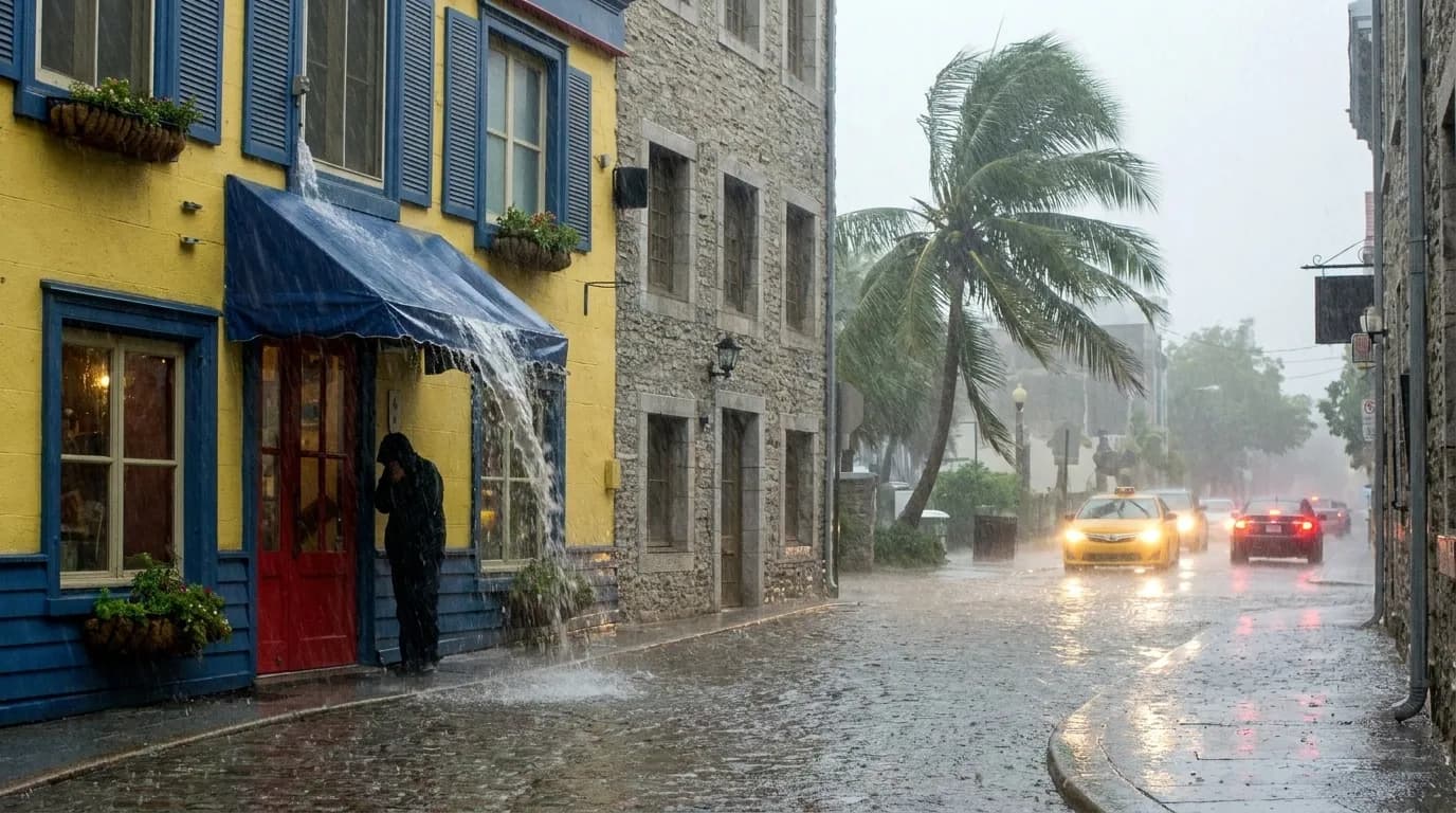 Heavy rain falling on a city street with reflections