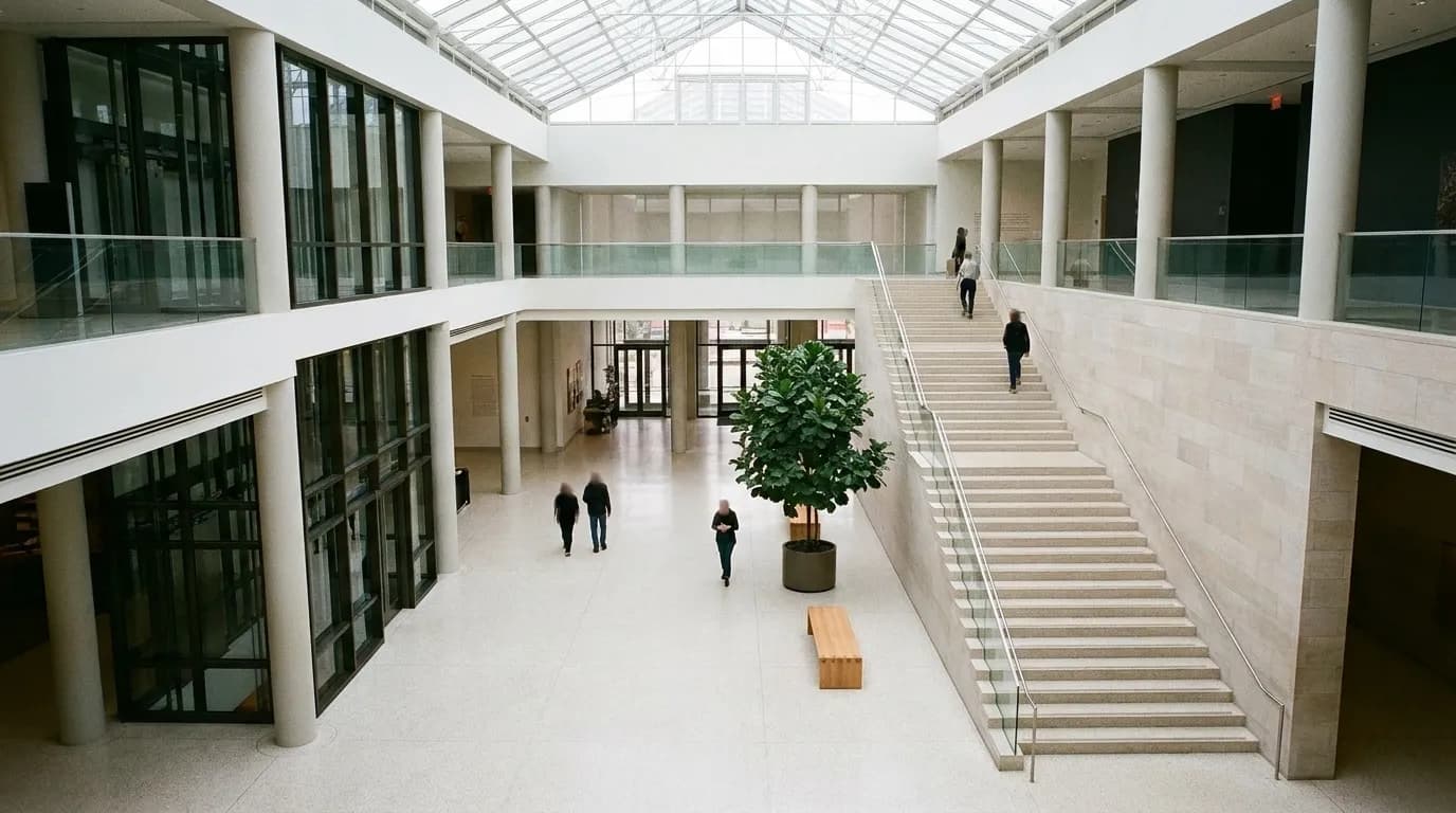 A museum interior with a bright atrium