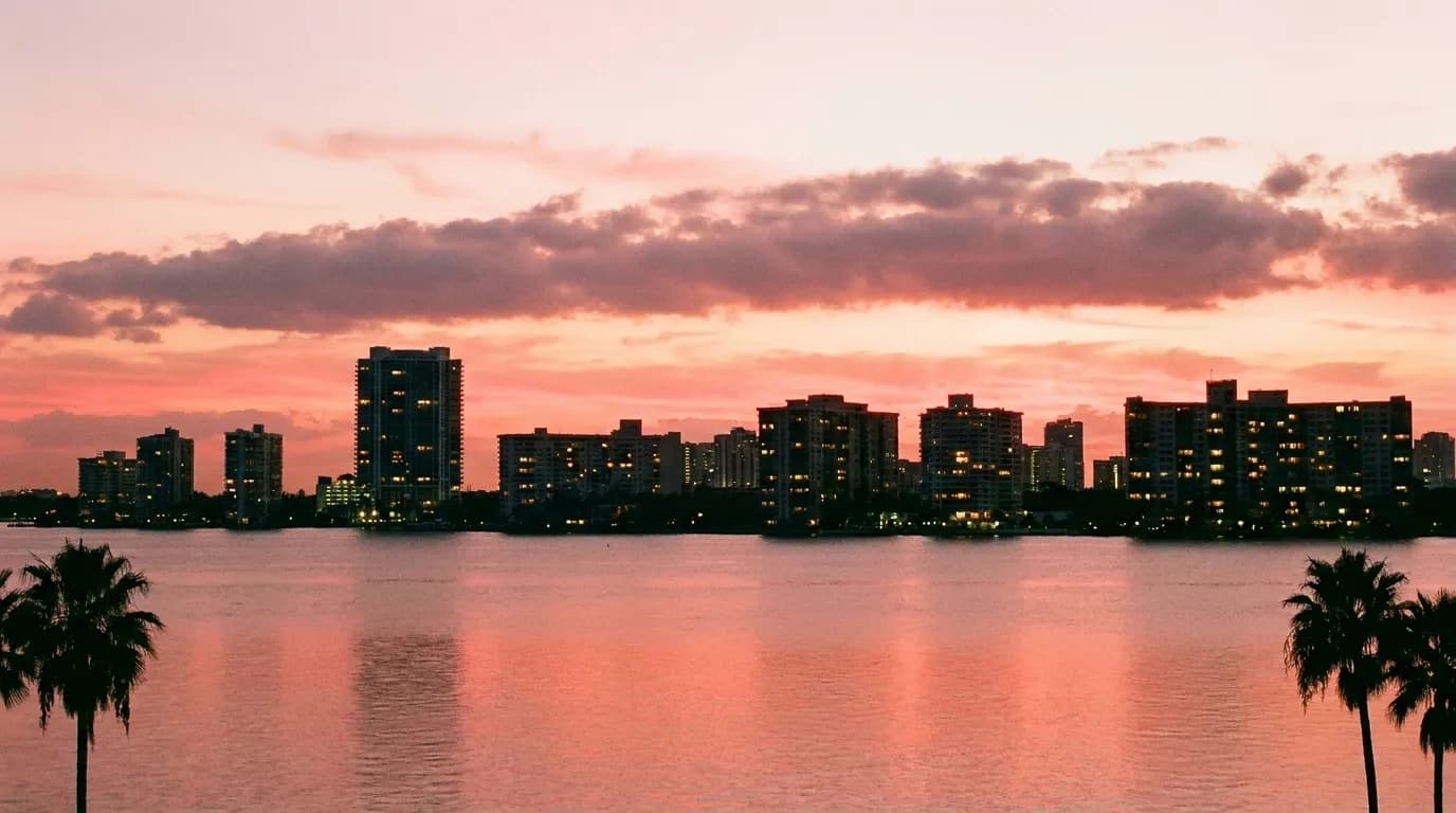 Sunset over Biscayne Bay with the water and sky in colour