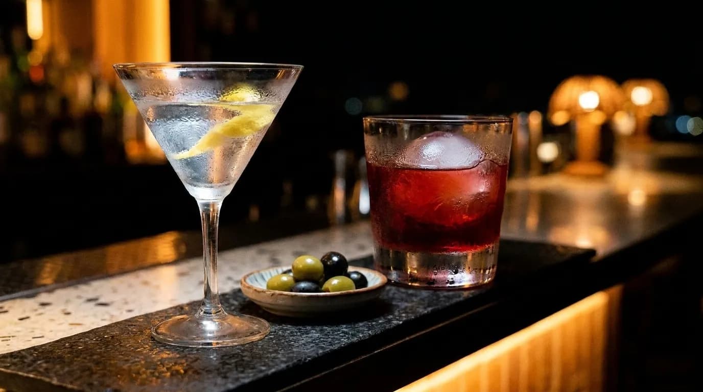 Two cocktails on a bar counter in the evening