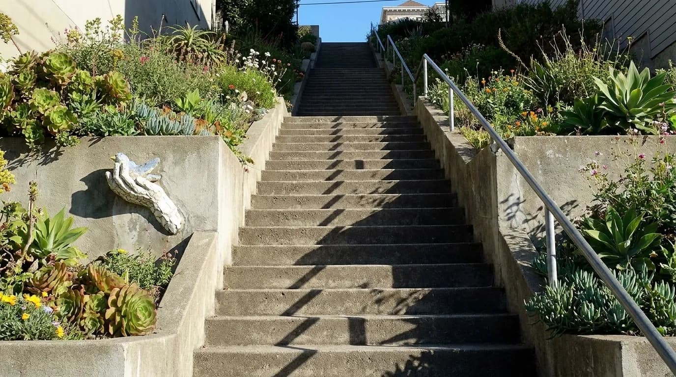 A steep public stairway climbing a San Francisco hillside