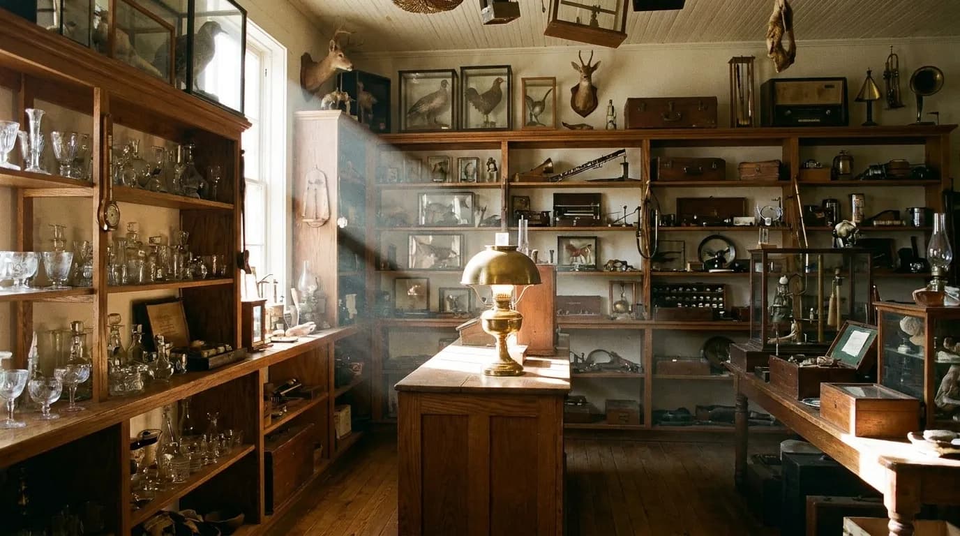 Shelves of objects in a curiosity shop interior