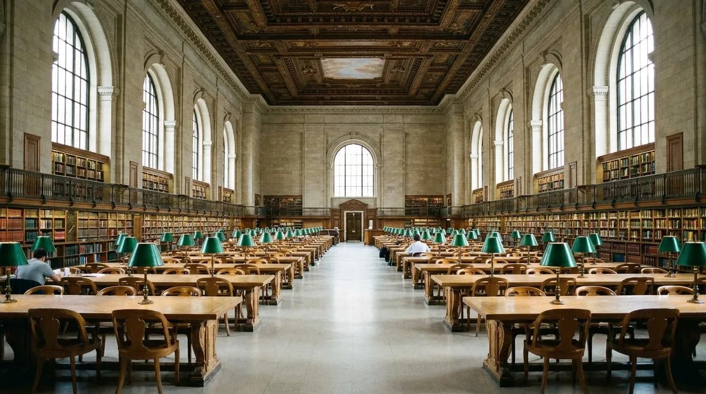 A public library reading room with tables and shelves