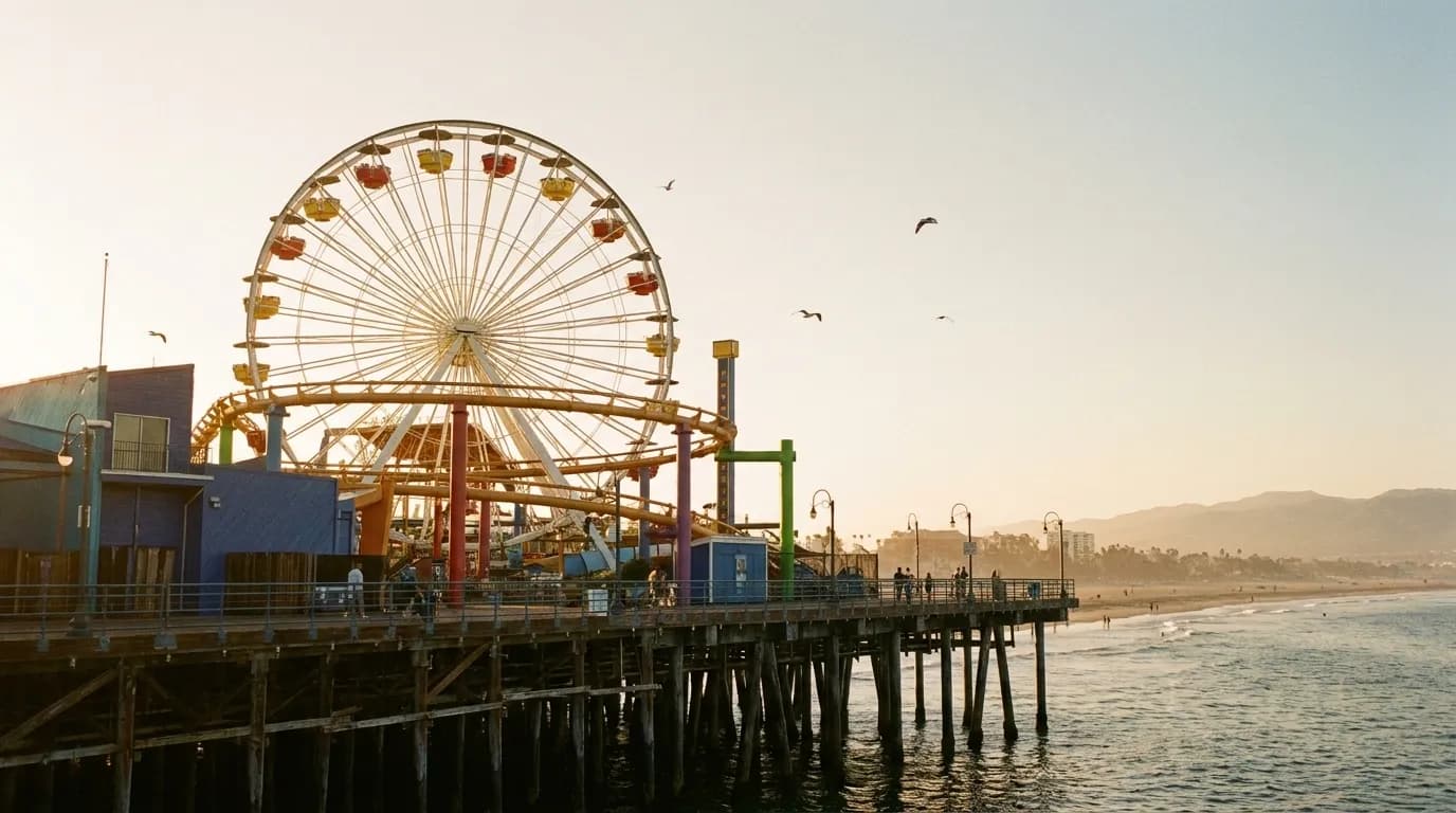 A pier with a Ferris wheel on the California coast
