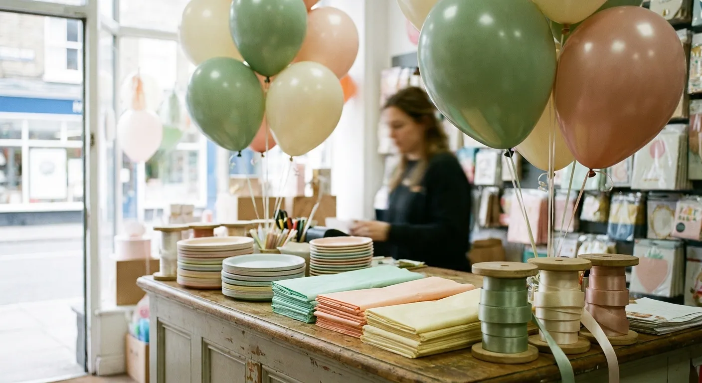 Interior of a party store counter with pastel balloon bouquets, rolls of ribbon and stacked tableware ready for a baby shower order