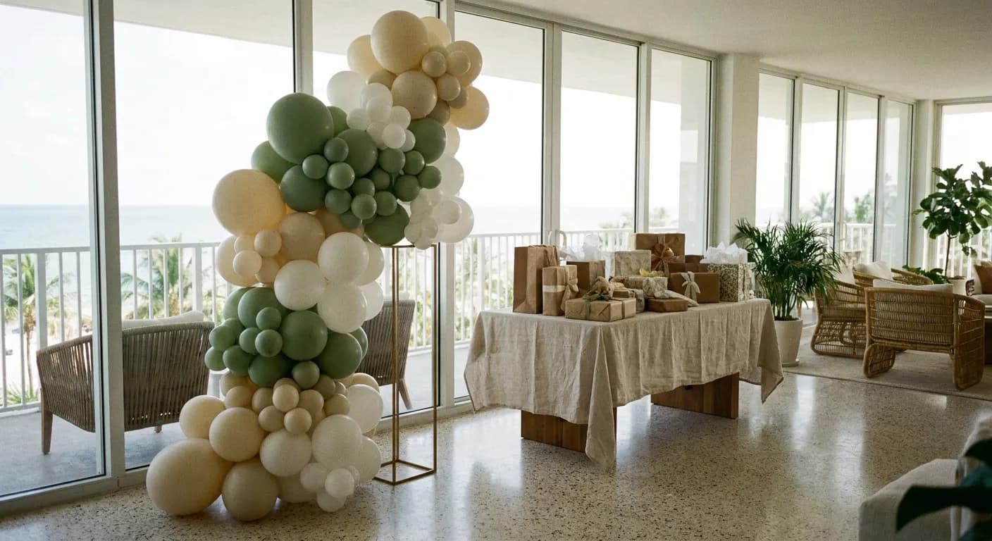 Tall balloon column in cream and sage tones standing beside a decorated gift table at an indoor Miami event space