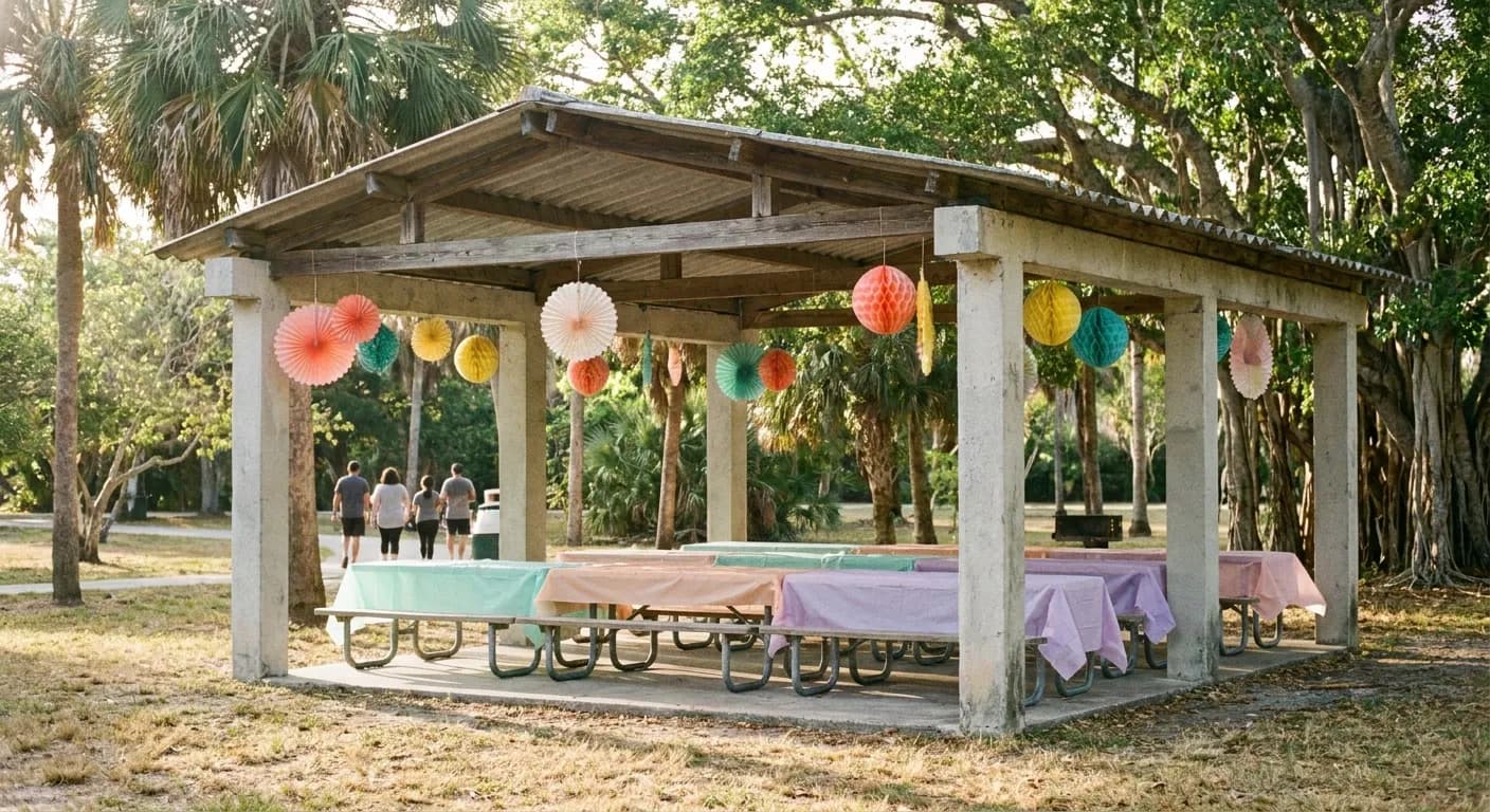 Concrete picnic pavilion in a Miami park decorated with pastel table covers and paper fans for a daytime celebration