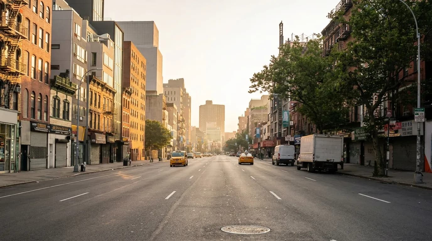 Early morning view down a Lower East Side avenue with taxis, tenement buildings and golden sunrise light