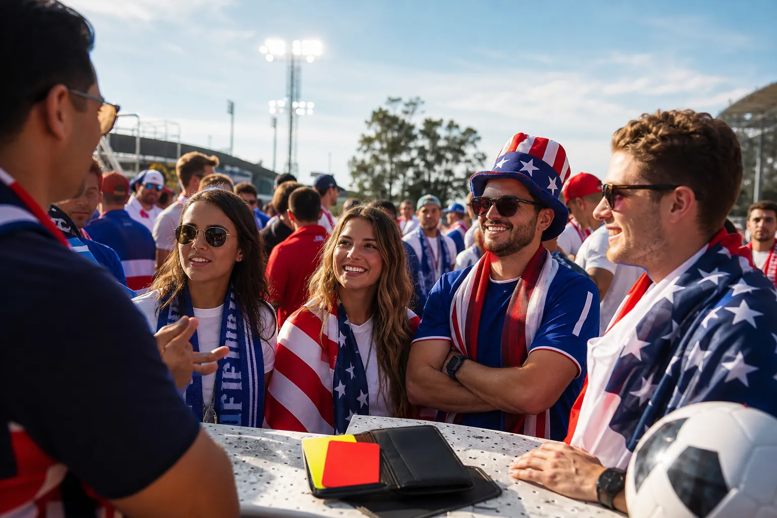 Bright realistic USA stadium concourse image for Balogun red-card explainer