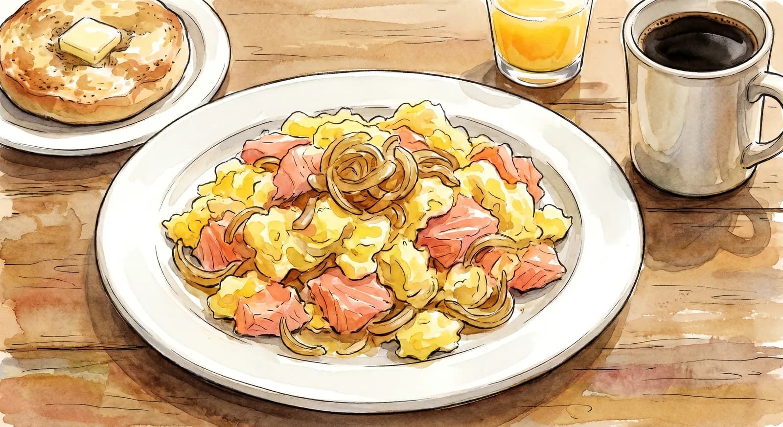 Overhead view of the famous scrambled eggs with Nova salmon and onions at Barney Greengrass, with a toasted bialy and a glass of orange juice